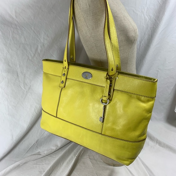 Genuine vintage FOSSIL bright yellow leather tote bag with  key fob - Picture 12 of 15